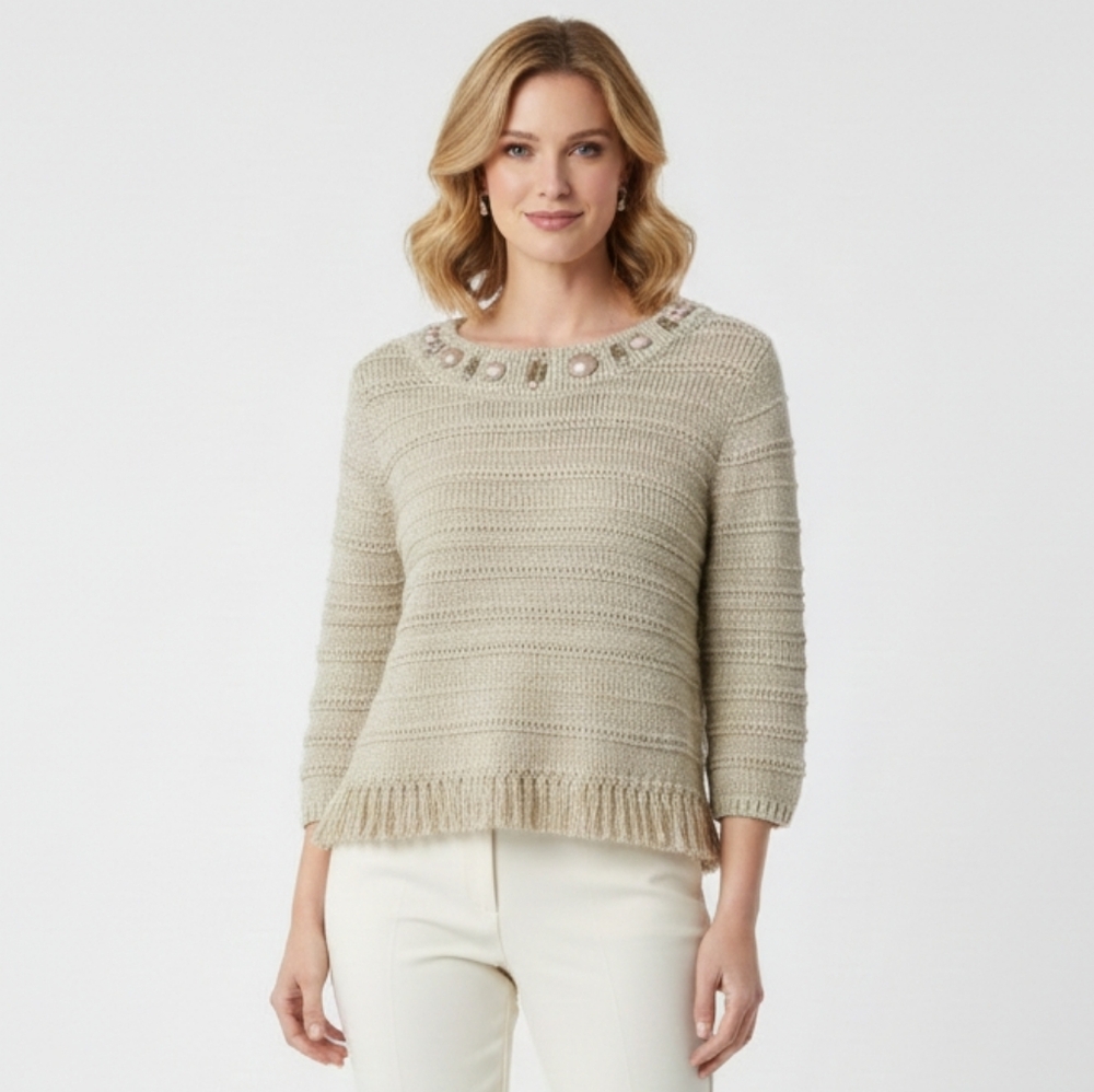 Ruby Rd Taupe Embellished Fringe Hem Knit Pullover Sweater